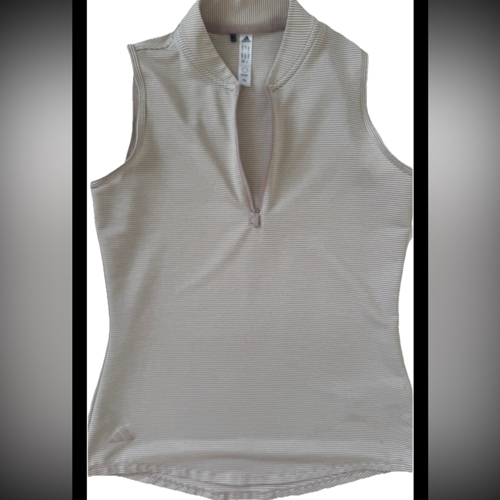 Adidas XS Blouse Top Tank Tee Gym Fitness Beige Stripe V Neck XS